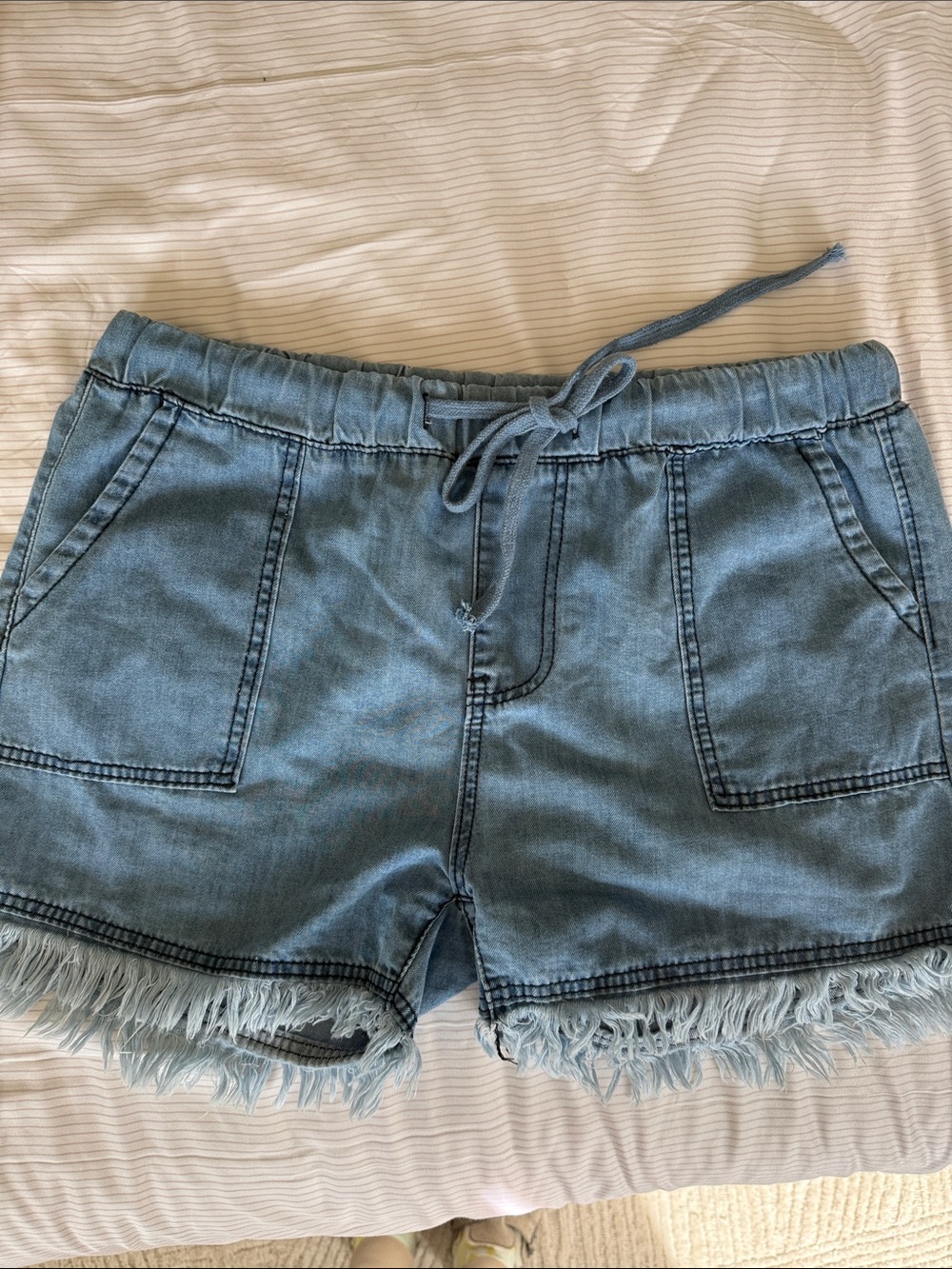 Collection B Light Blue Denim Frayed Drawstring Shorts